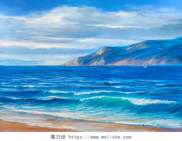 蓝天白云下的山脉和海滩景观水彩画早上在海上，波浪上，插图上，油画画在帆布上.